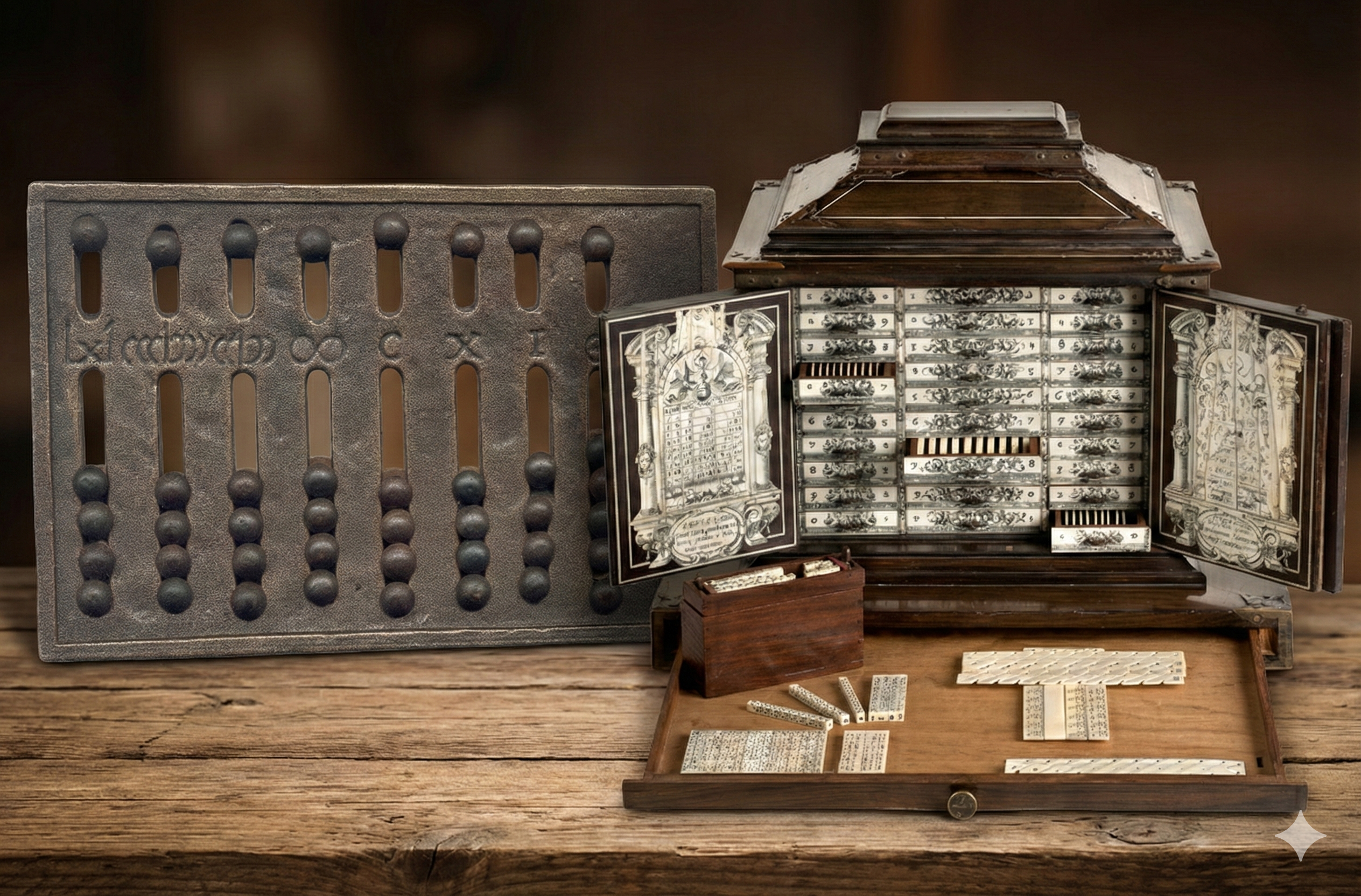 Illustrative timeline showing early computational tools, including counting frames and mechanical devices