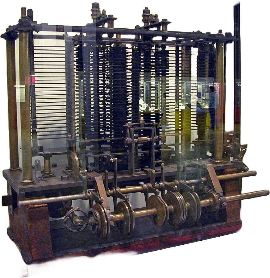 Historical depiction of an analytical engine with interconnected gears and control mechanisms